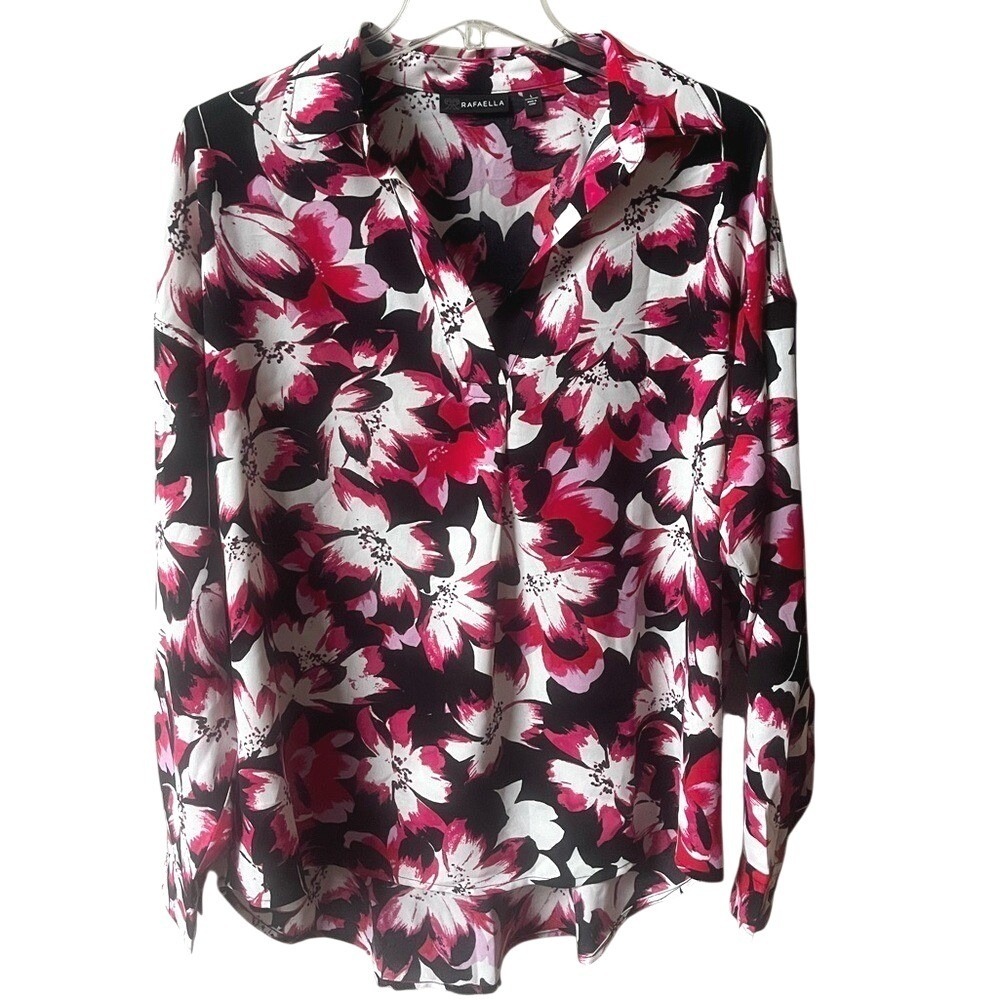 Rafaella Floral Relaxed Fit Pull Over Woven Blouse Womens Large High Lo Hem NWOT